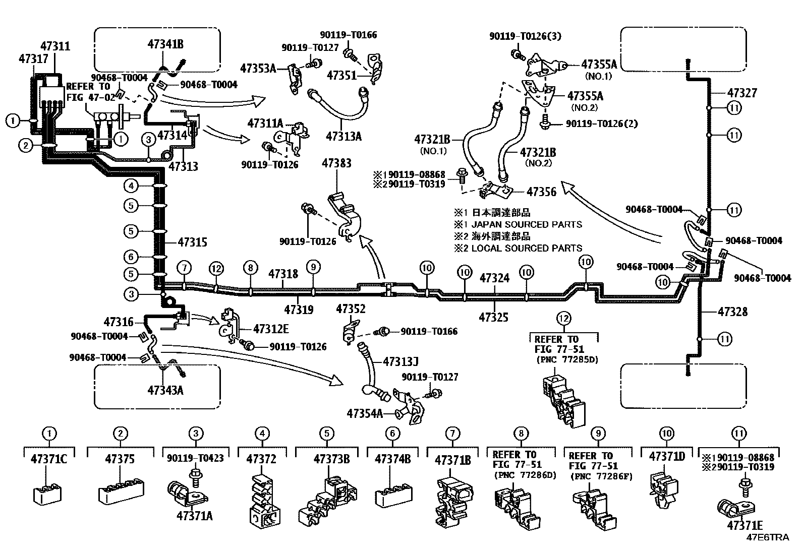 Toyota HILUX 制动配管和卡箍 EPC diagram — 47E6TRA