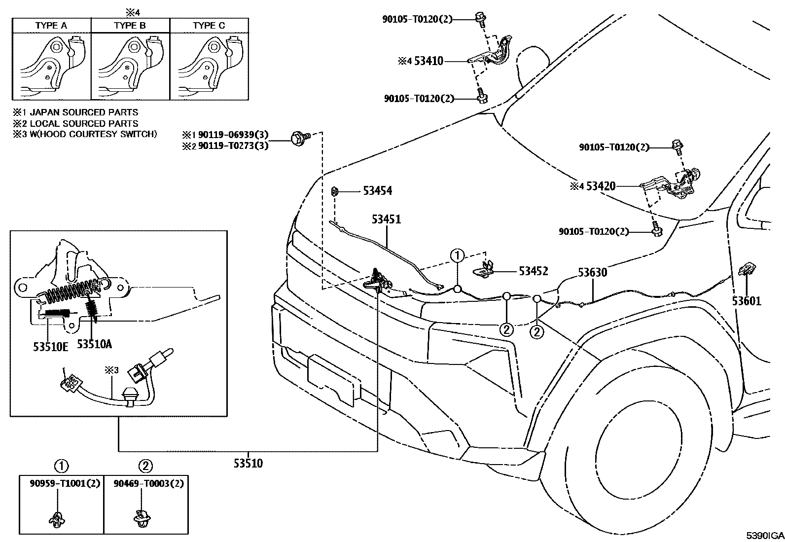 Toyota HILUX 发动机盖锁和铰链 EPC diagram — 5390IGA