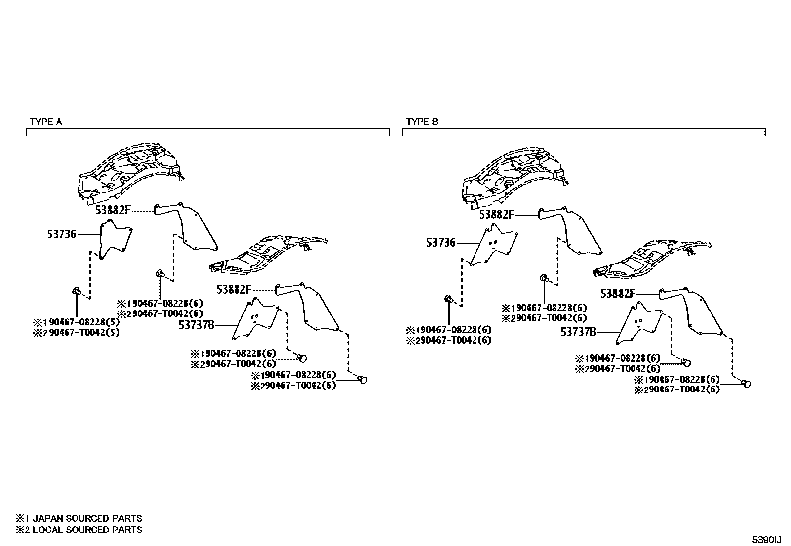 Toyota HILUX 前翼子板挡泥板和前围板 EPC diagram — 5390IJ