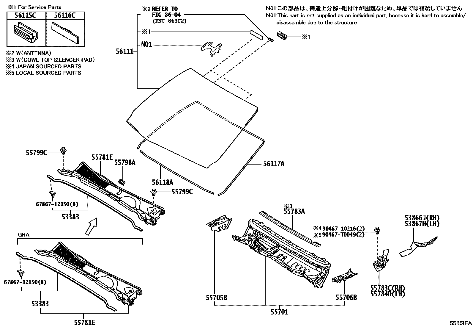 Toyota HILUX 前围板和挡风玻璃 EPC diagram — 5585IFA