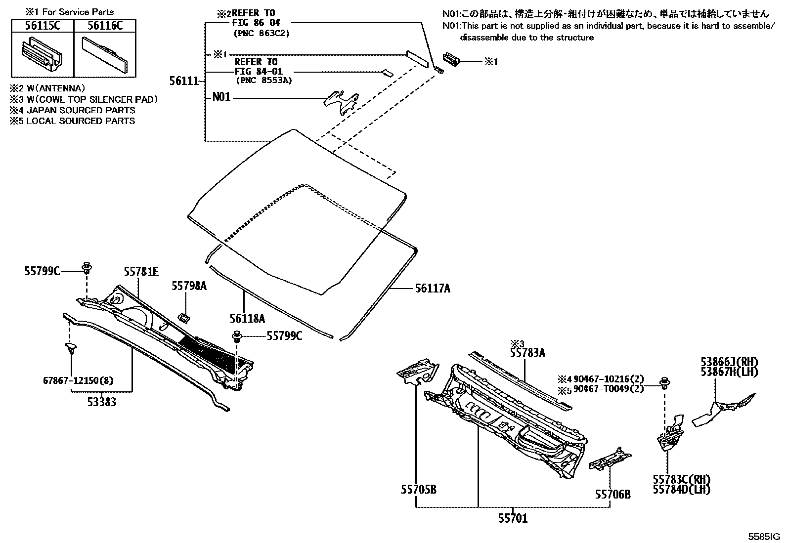 Toyota HILUX 前围板和挡风玻璃 EPC diagram — 5585IG