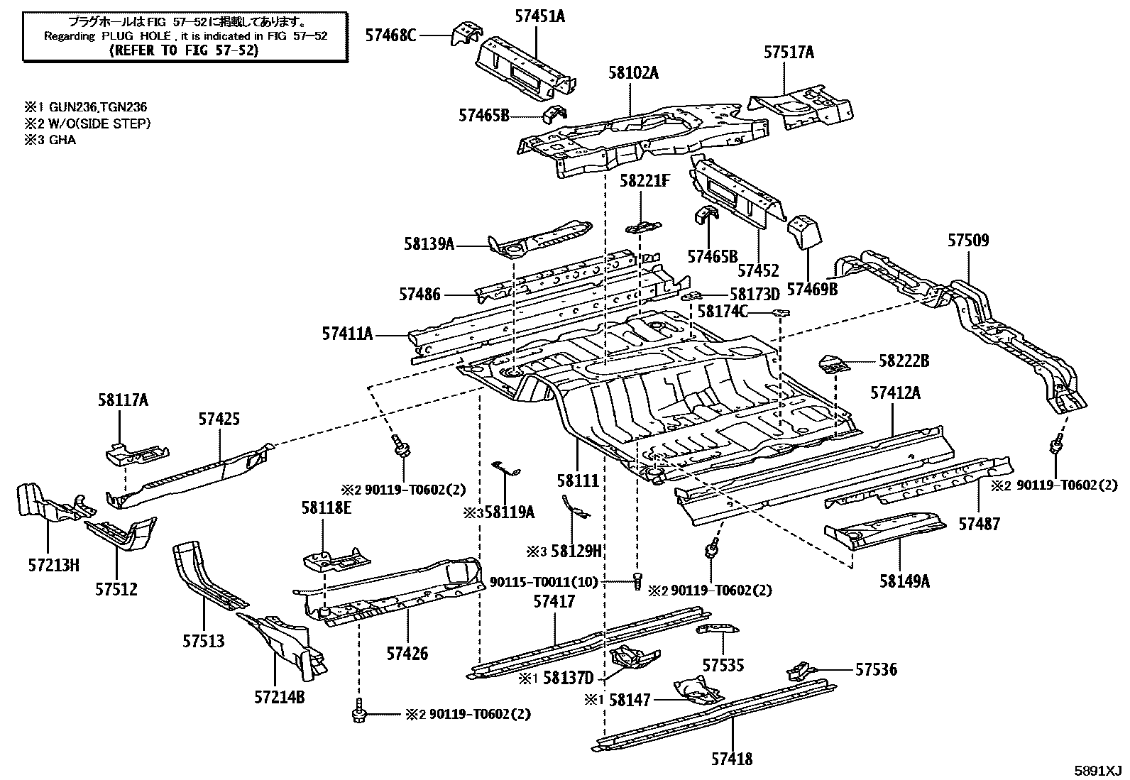 Toyota HILUX 前地板和前地板梁 EPC diagram — 5891XJ