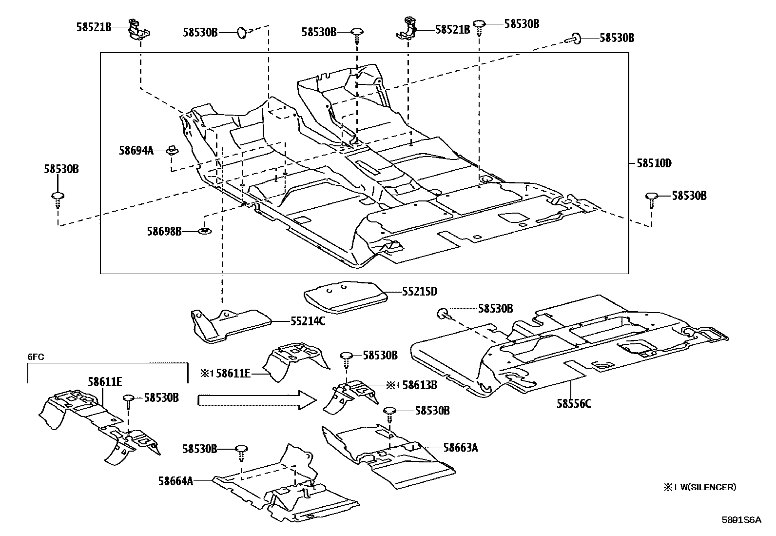 Toyota HILUX 地板垫和消声垫 EPC diagram — 5891S6A
