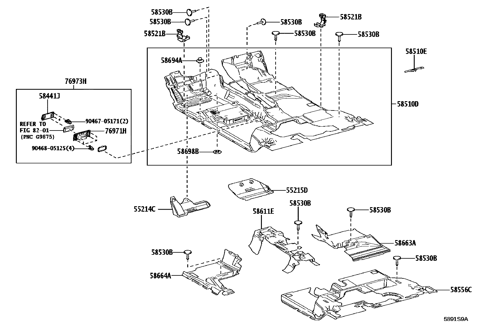 Toyota HILUX 地板垫和消声垫 EPC diagram — 5891S9A
