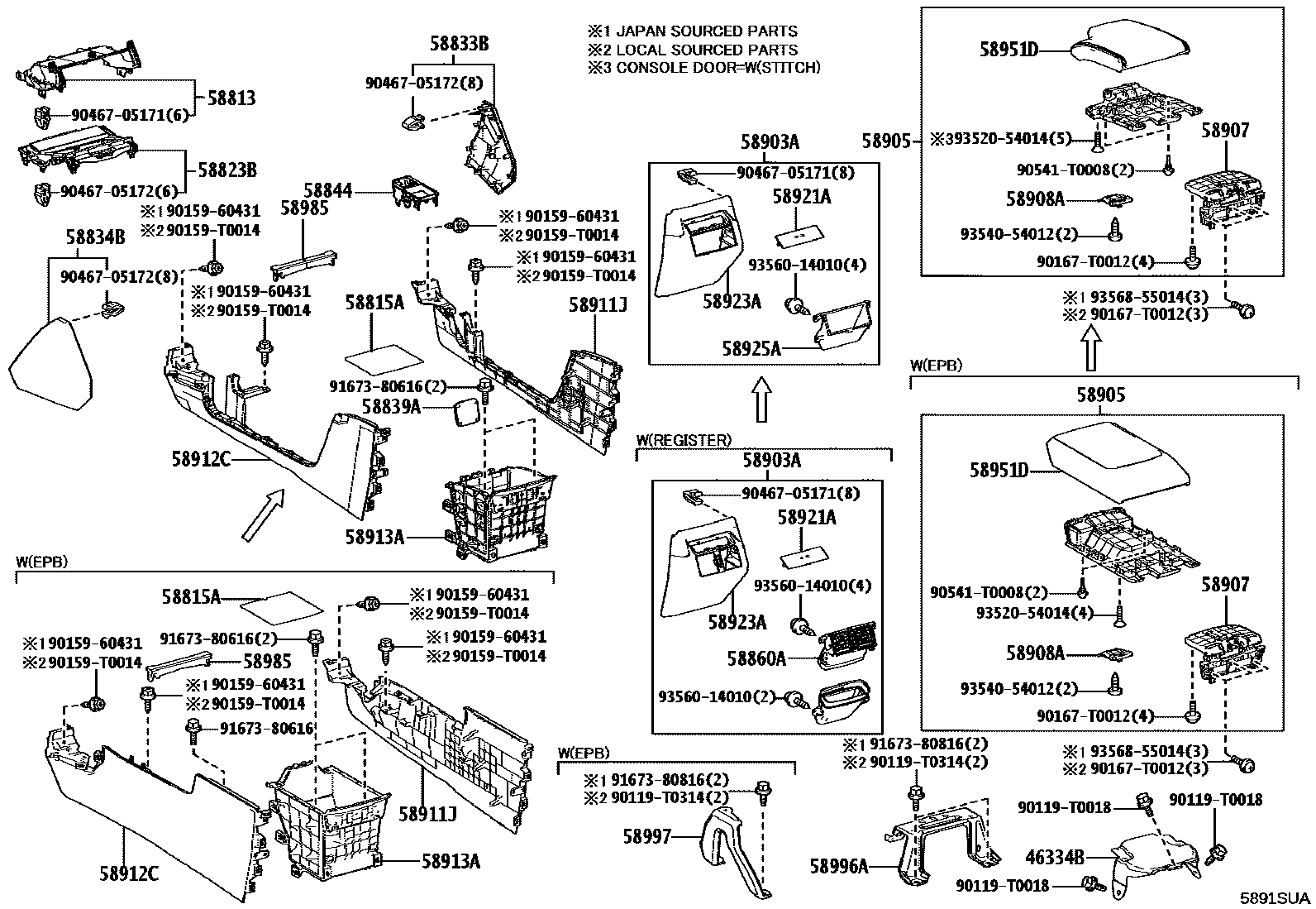 Toyota HILUX 中央扶手箱和支架 EPC diagram — 5891SUA