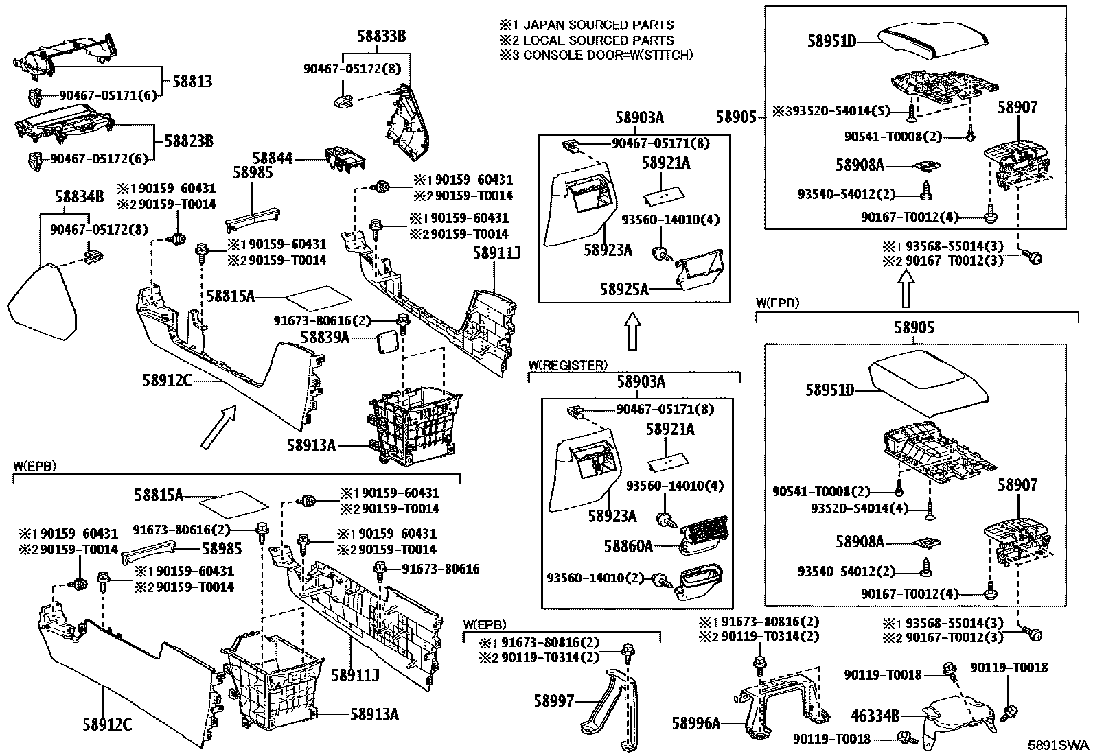 Toyota HILUX 中央扶手箱和支架 EPC diagram — 5891SWA