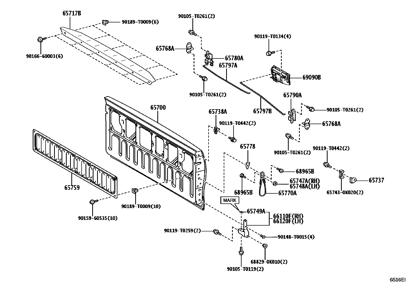 Toyota HILUX 后车身防护架和背门 EPC diagram — 6516EI