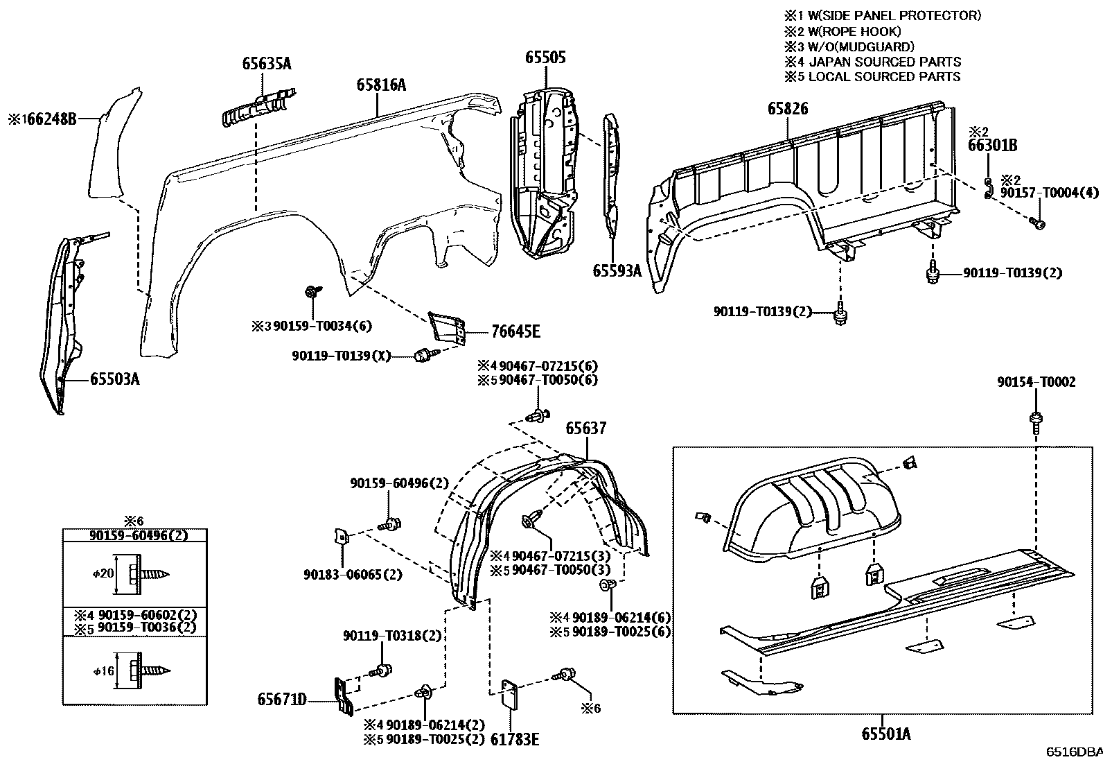 Toyota HILUX 后车身侧面板 EPC diagram — 6516DBA