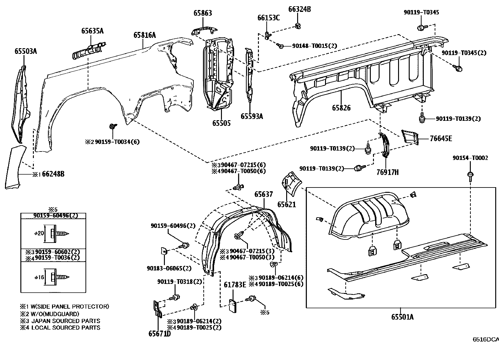 Toyota HILUX 后车身侧面板 EPC diagram — 6516DCA