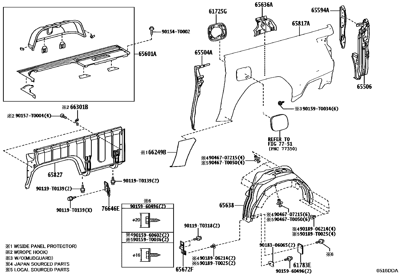 Toyota HILUX 后车身侧面板 EPC diagram — 6516DDA