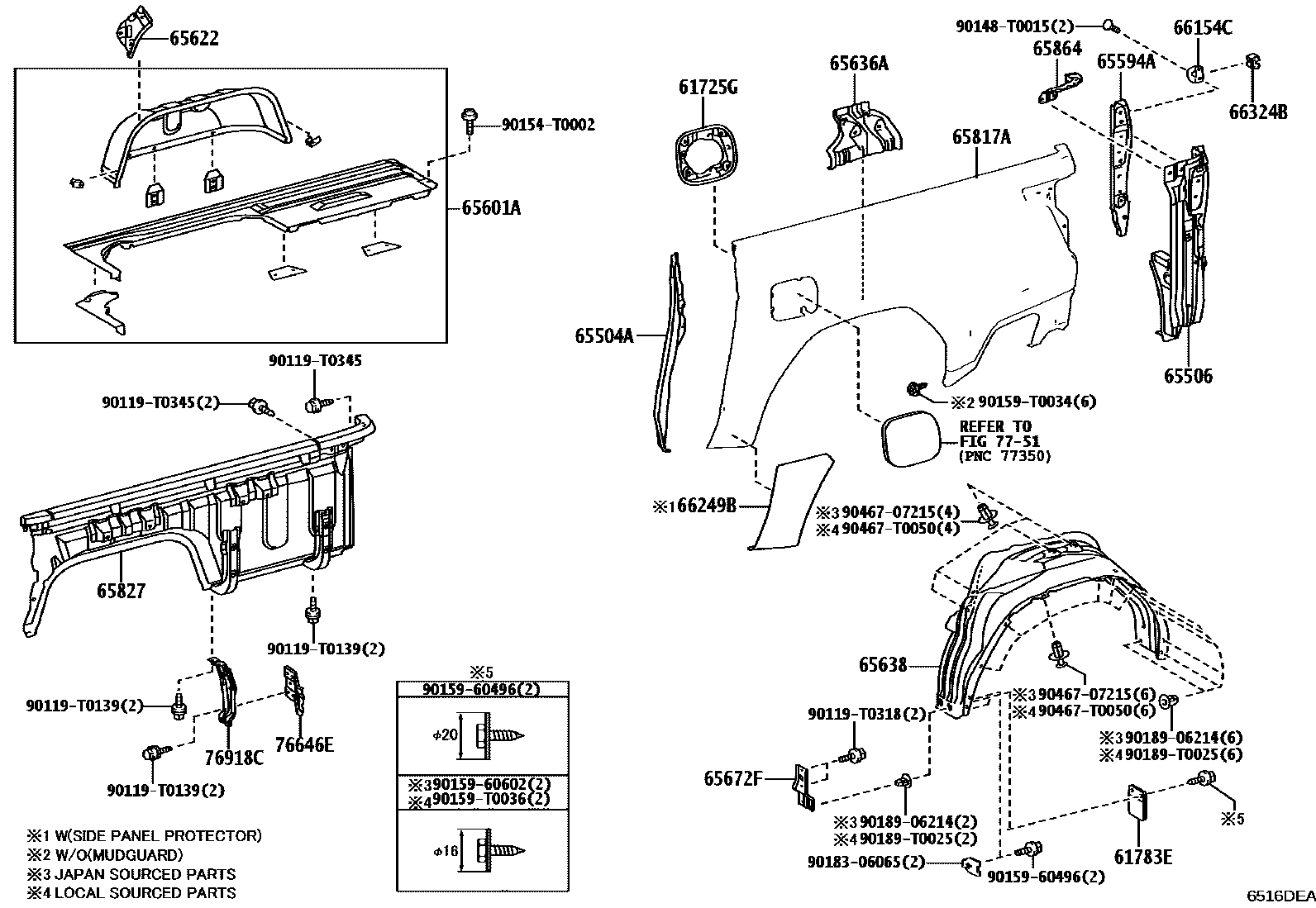 Toyota HILUX 后车身侧面板 EPC diagram — 6516DEA