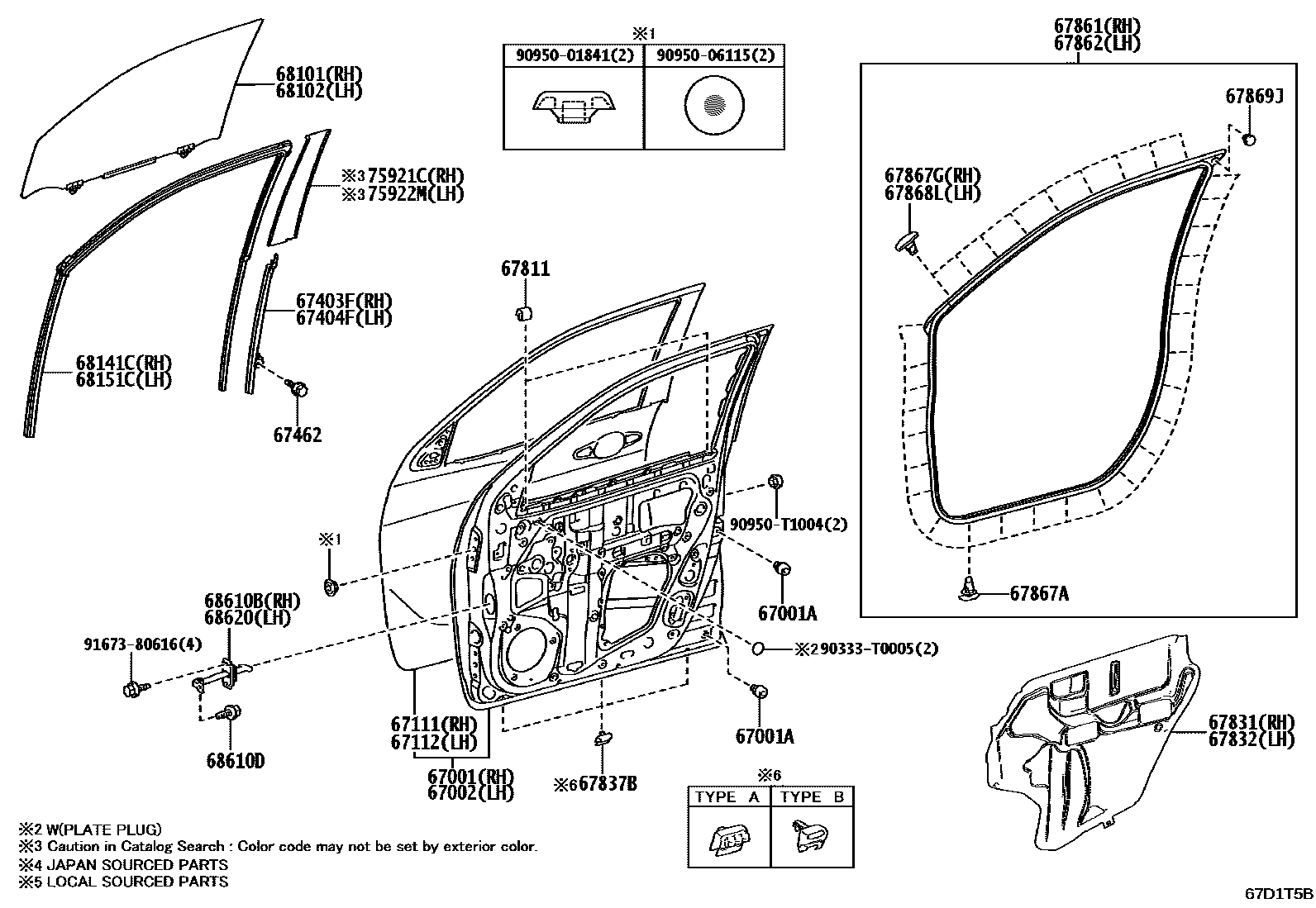 Toyota HILUX 前门板和前门玻璃 EPC diagram — 67D1T5B