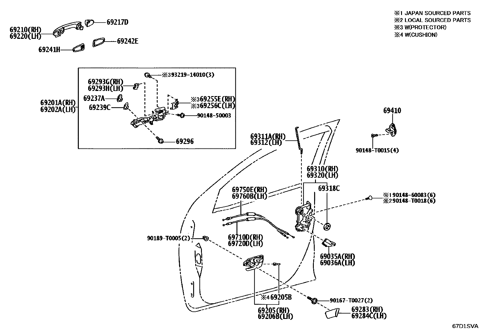 Toyota HILUX 前门锁和车门把手 EPC diagram — 67D1SVA