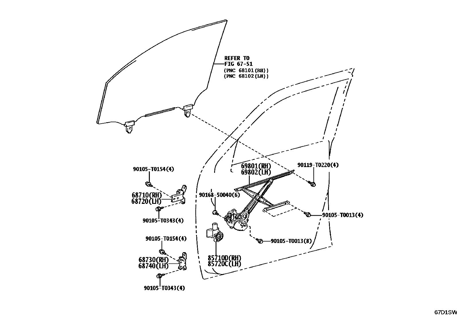 Toyota HILUX 前门车窗升降器和合页 EPC diagram — 67D1SW