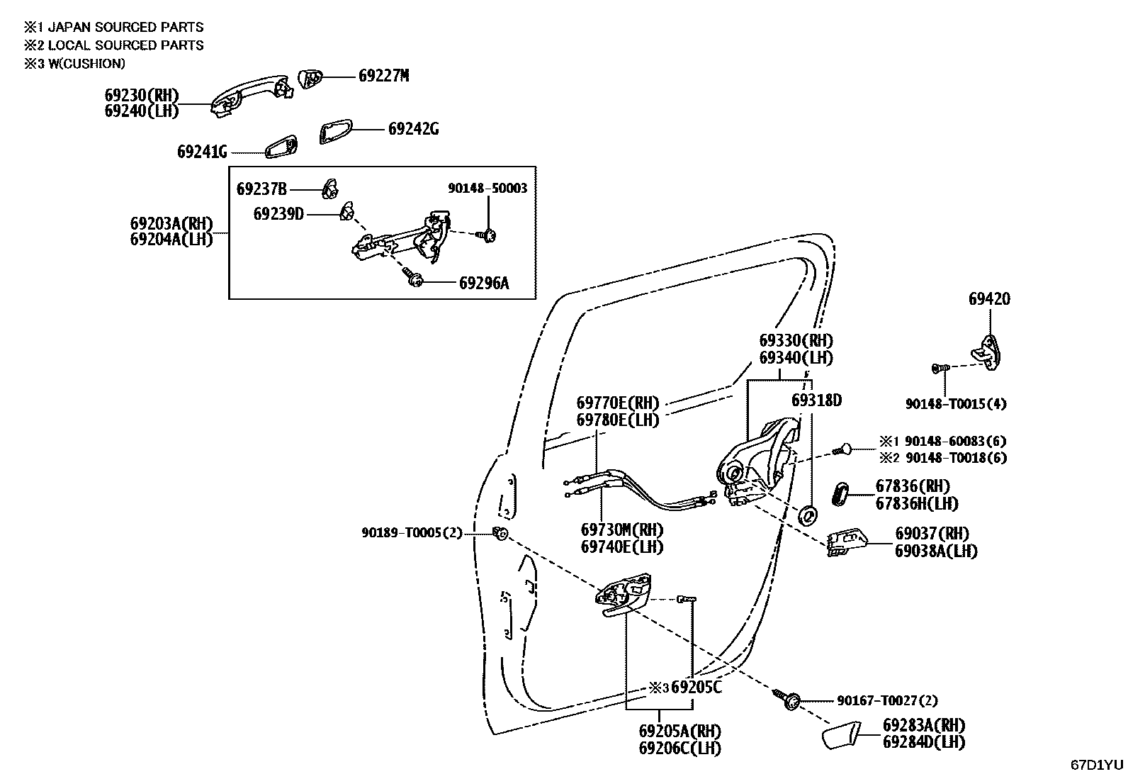 Toyota HILUX 后门锁和后门把手 EPC diagram — 67D1YU