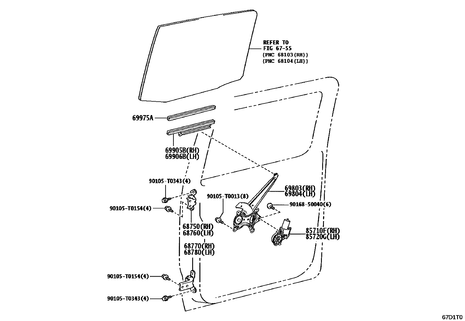 Toyota HILUX 后门车窗升降器和合页 EPC diagram — 67D1T0