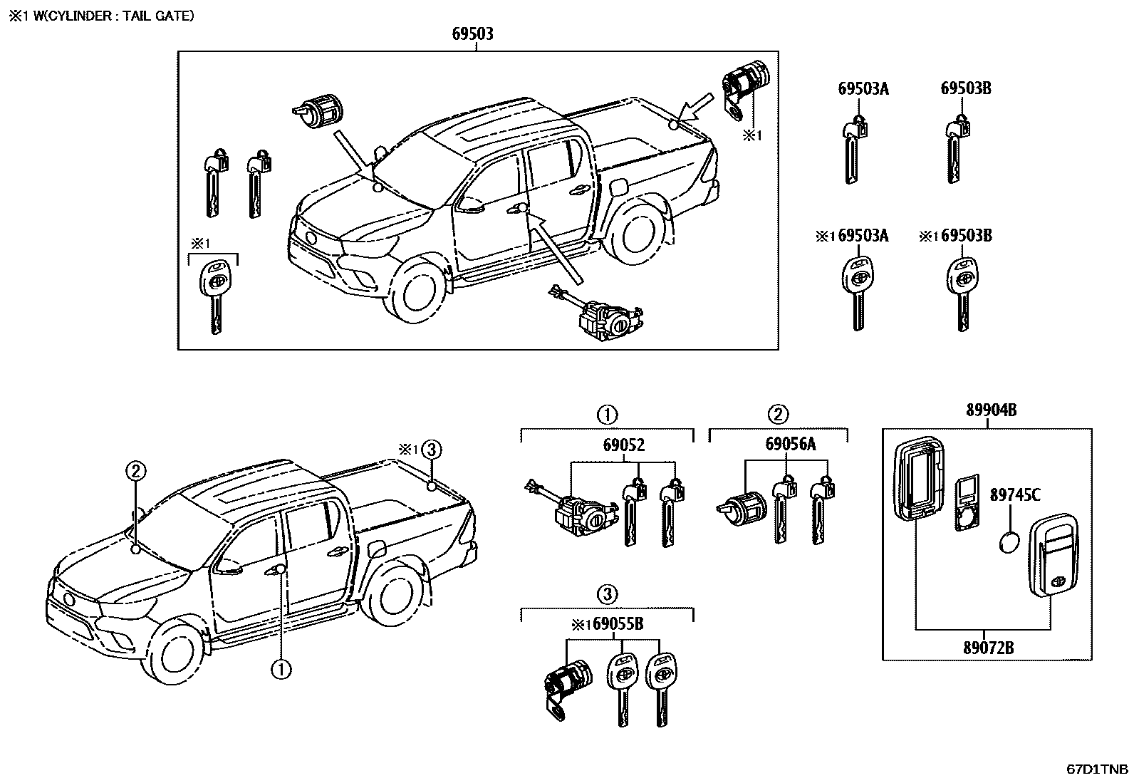 Toyota HILUX 锁芯组件 EPC diagram — 67D1TNB