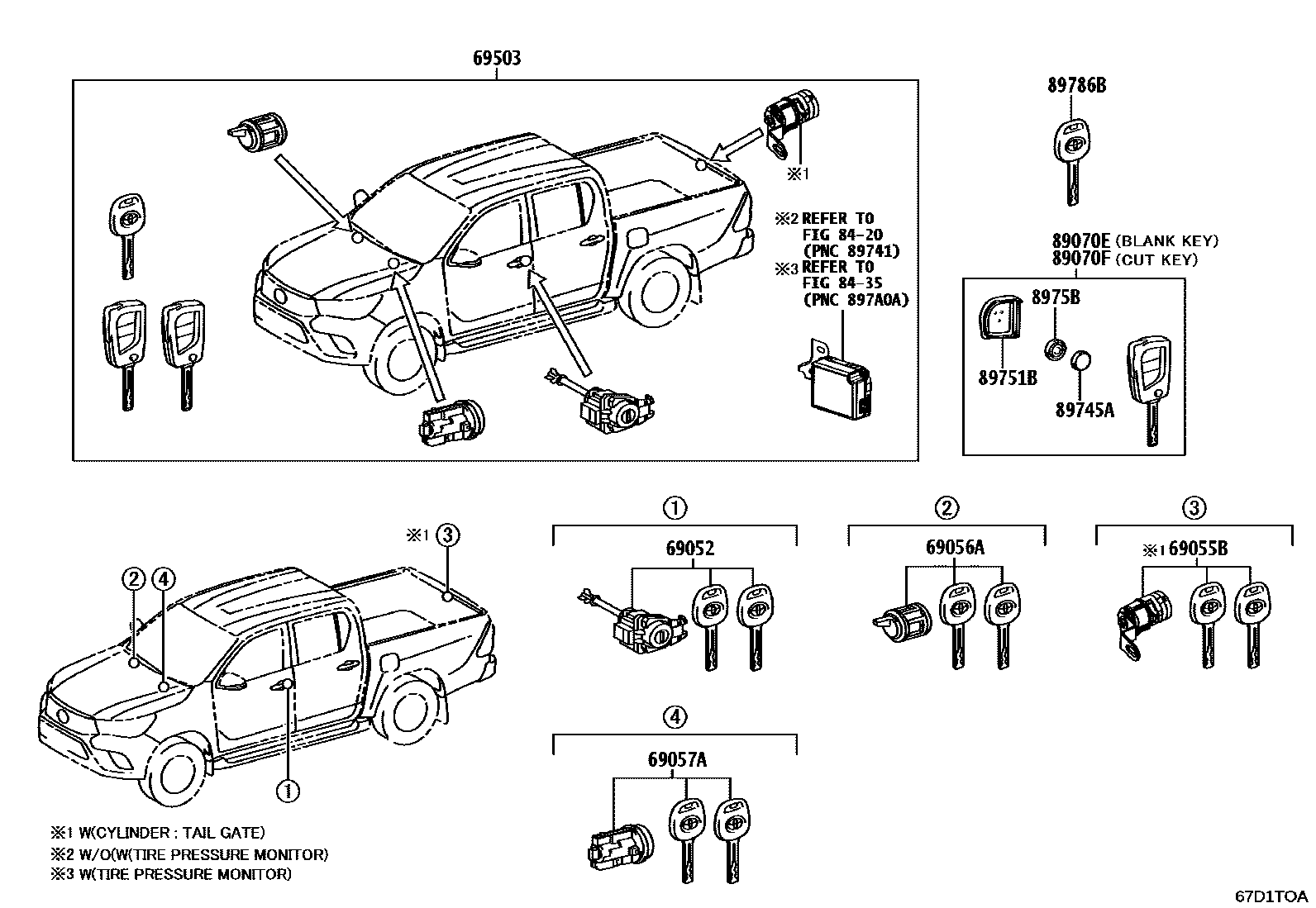 Toyota HILUX 锁芯组件 EPC diagram — 67D1TOA