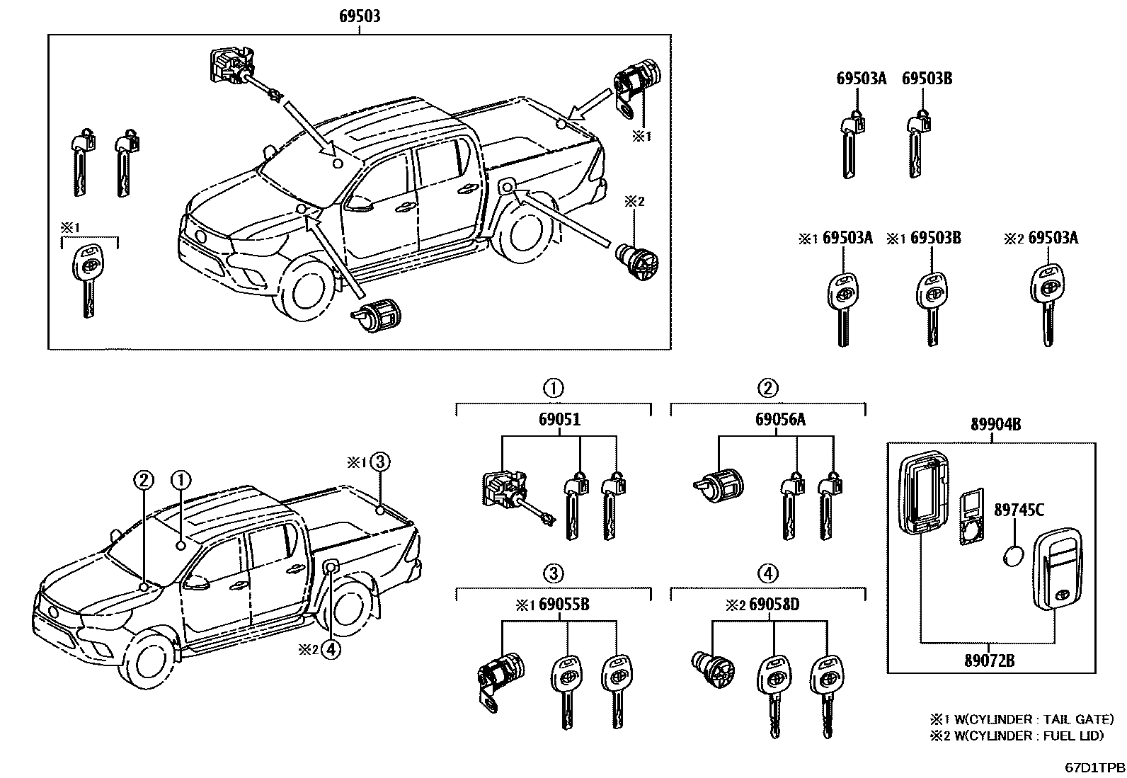 Toyota HILUX 锁芯组件 EPC diagram — 67D1TPB