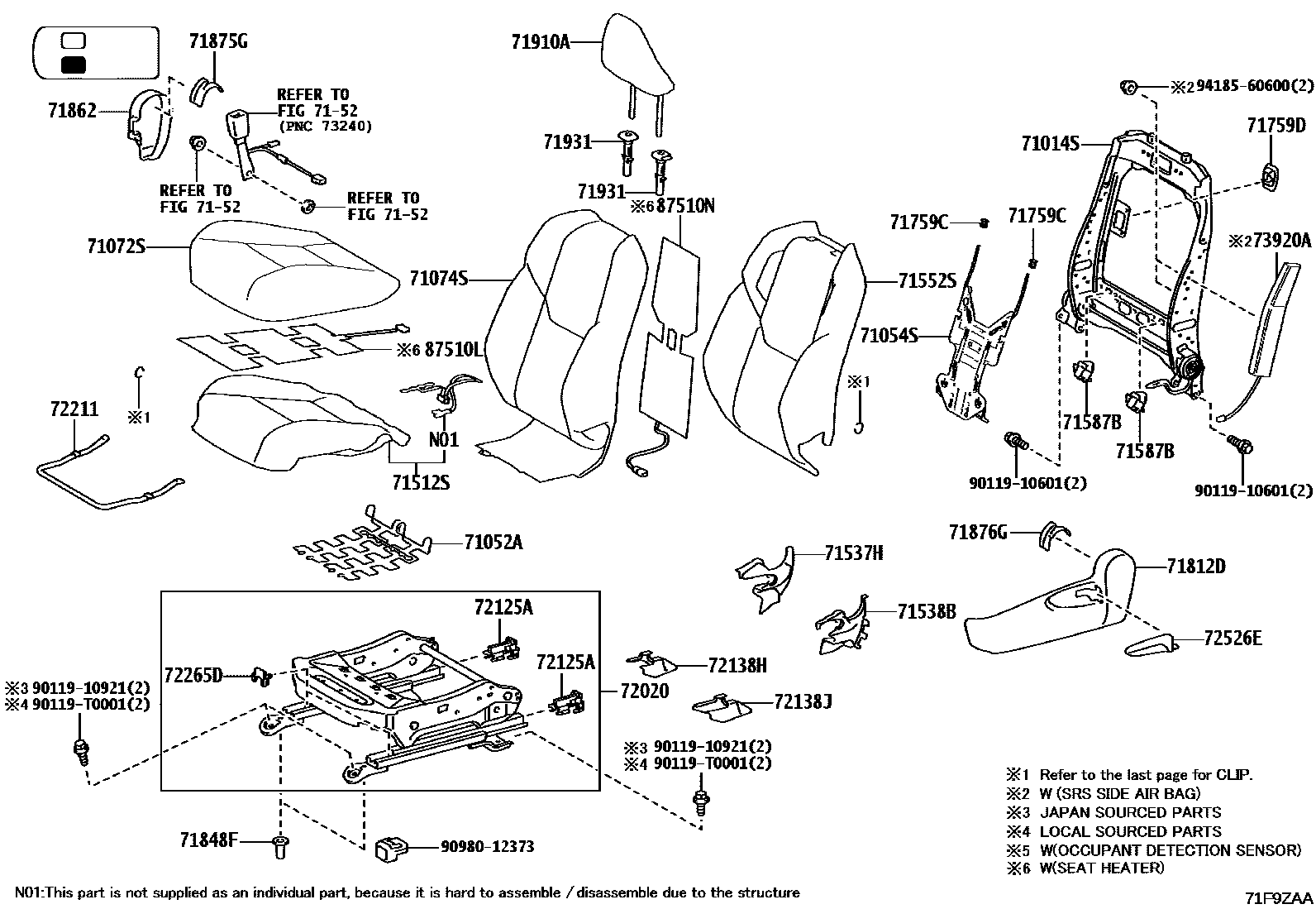 Toyota HILUX 座椅和座椅滑轨 EPC diagram — 71F9ZAA