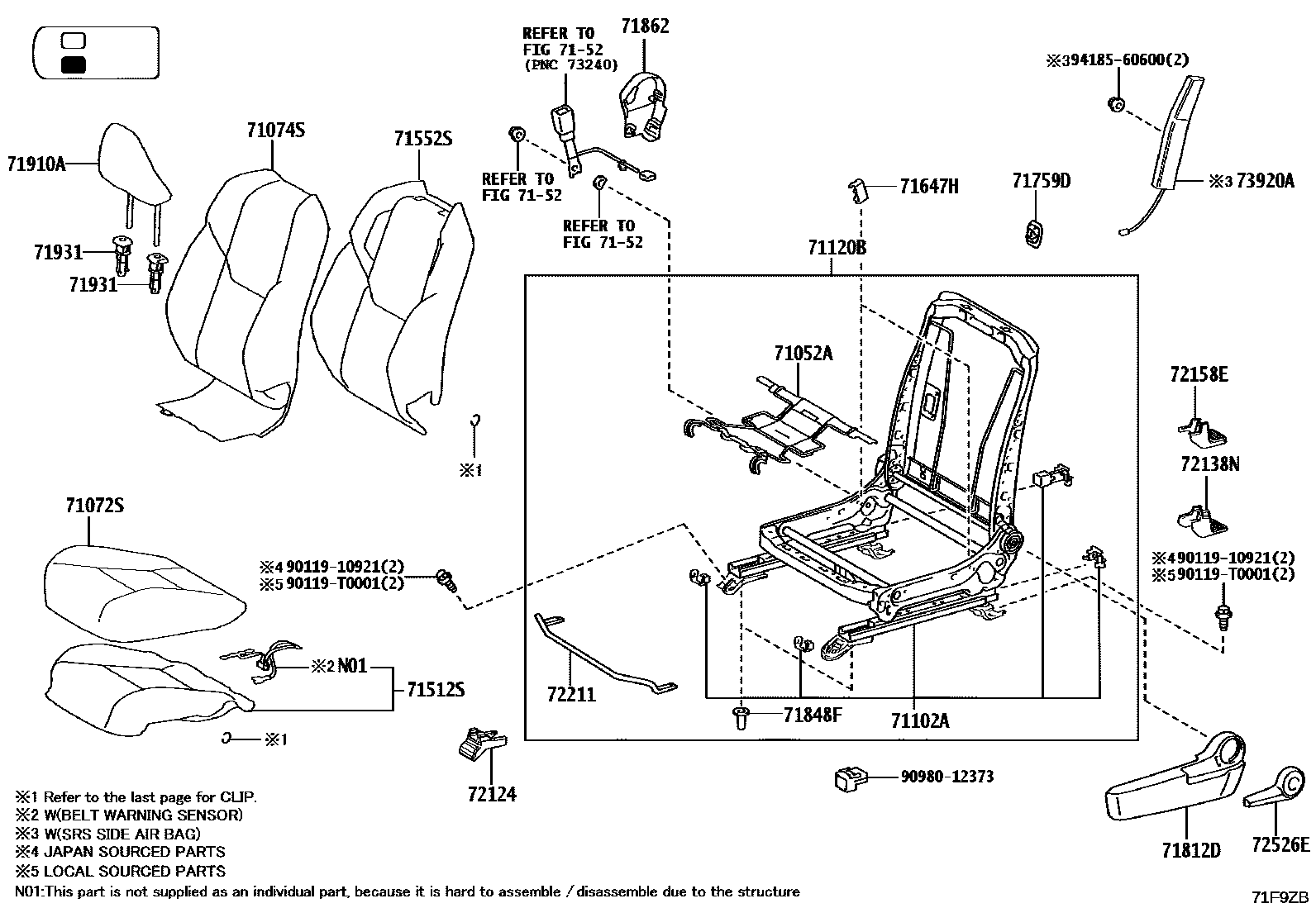 Toyota HILUX 座椅和座椅滑轨 EPC diagram — 71F9ZB