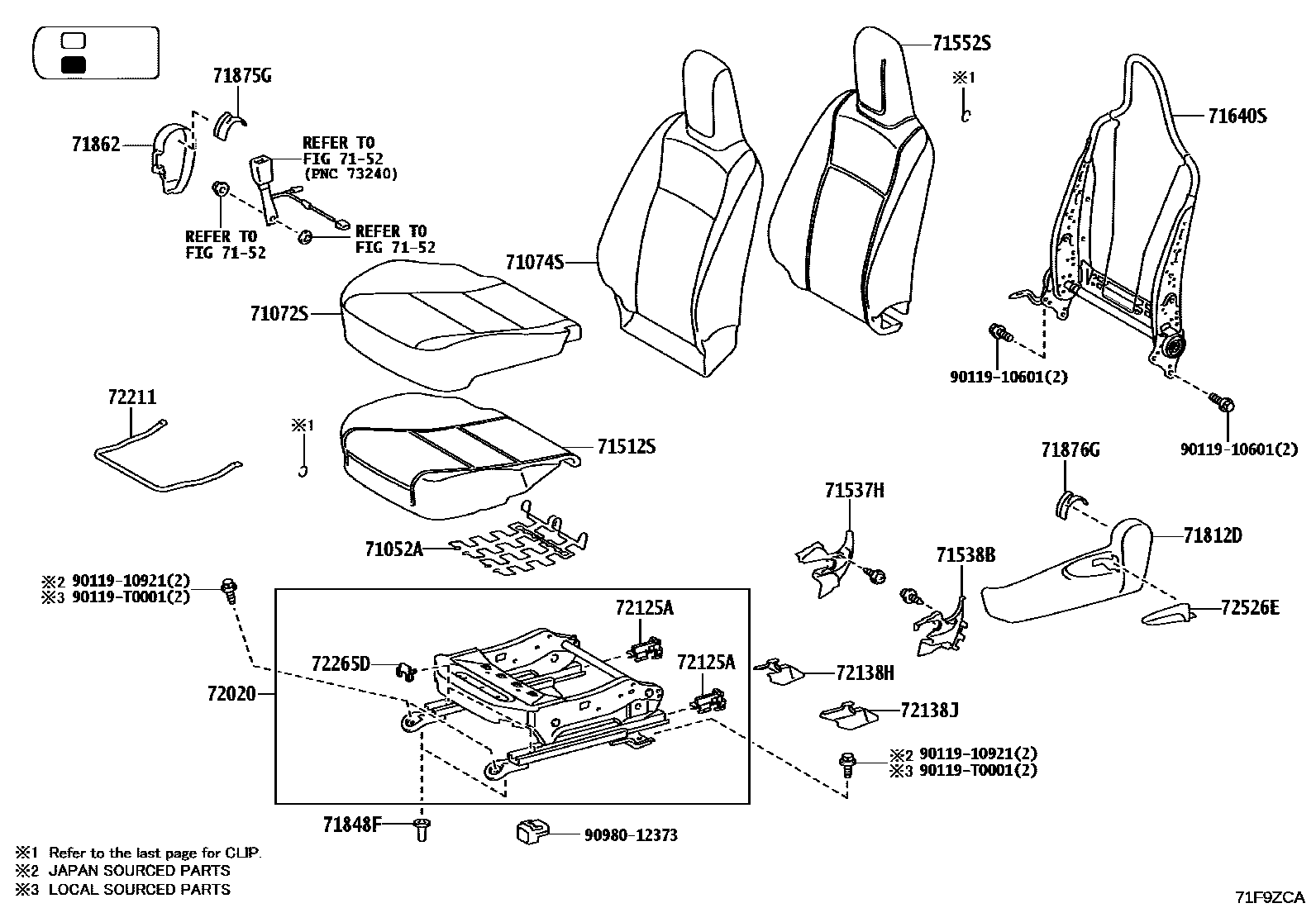 Toyota HILUX 座椅和座椅滑轨 EPC diagram — 71F9ZCA