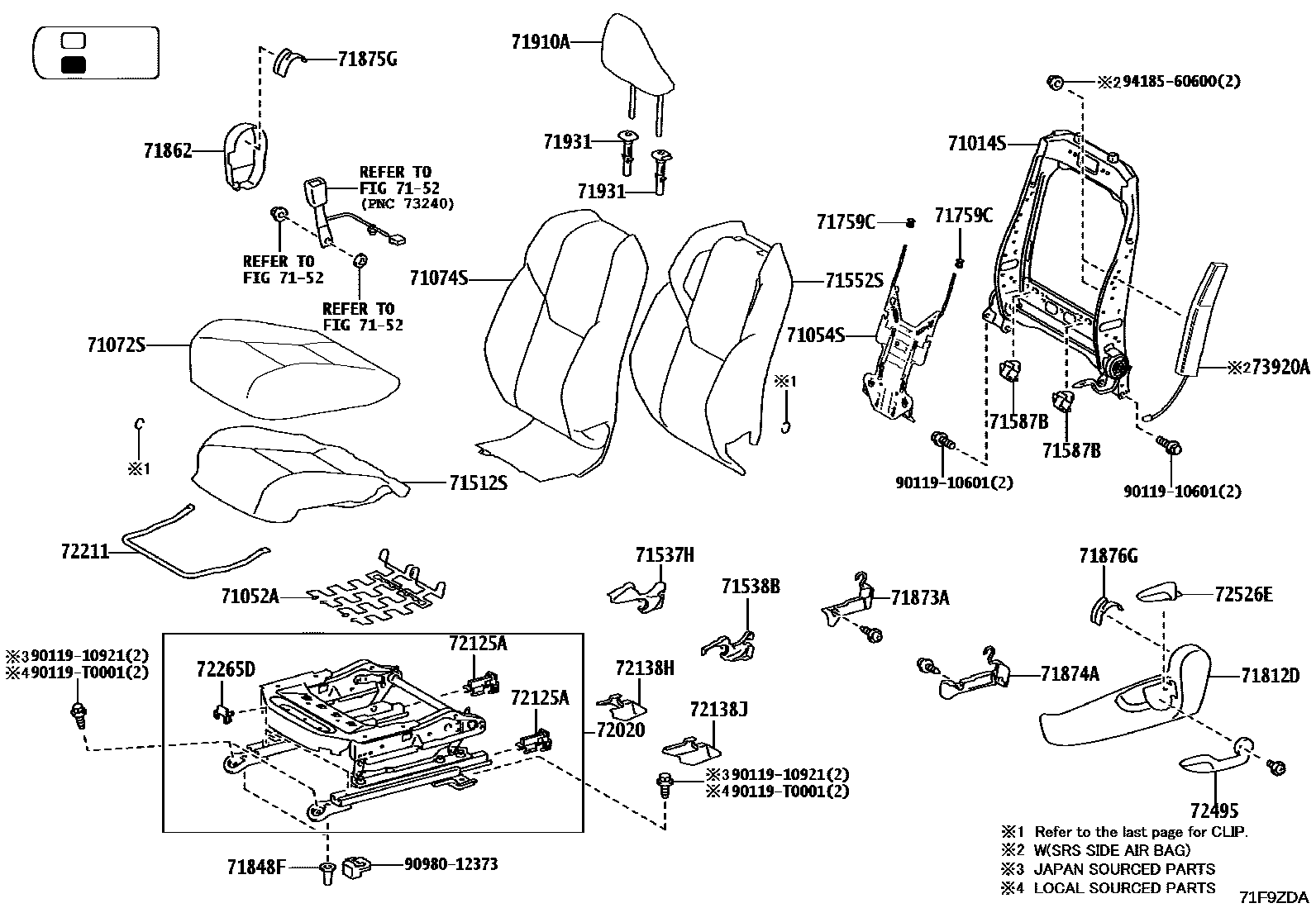 Toyota HILUX 座椅和座椅滑轨 EPC diagram — 71F9ZDA