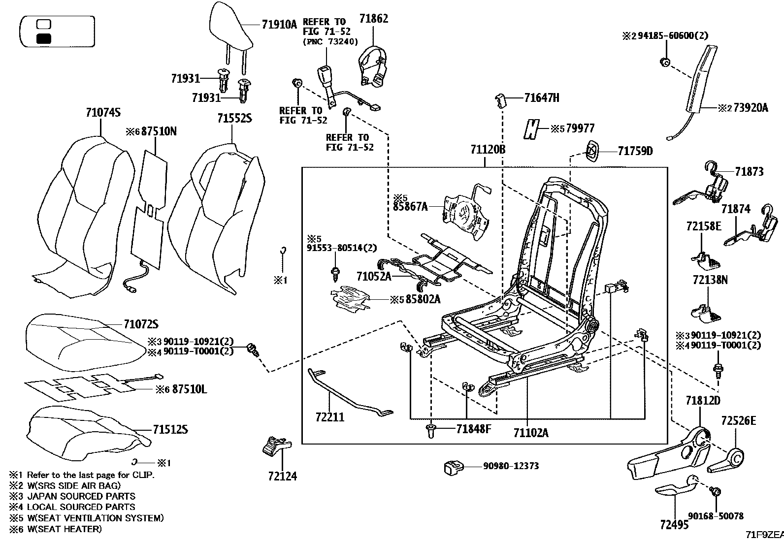 Toyota HILUX 座椅和座椅滑轨 EPC diagram — 71F9ZEA