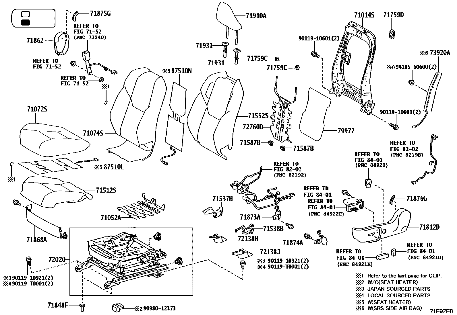 Toyota HILUX 座椅和座椅滑轨 EPC diagram — 71F9ZFB