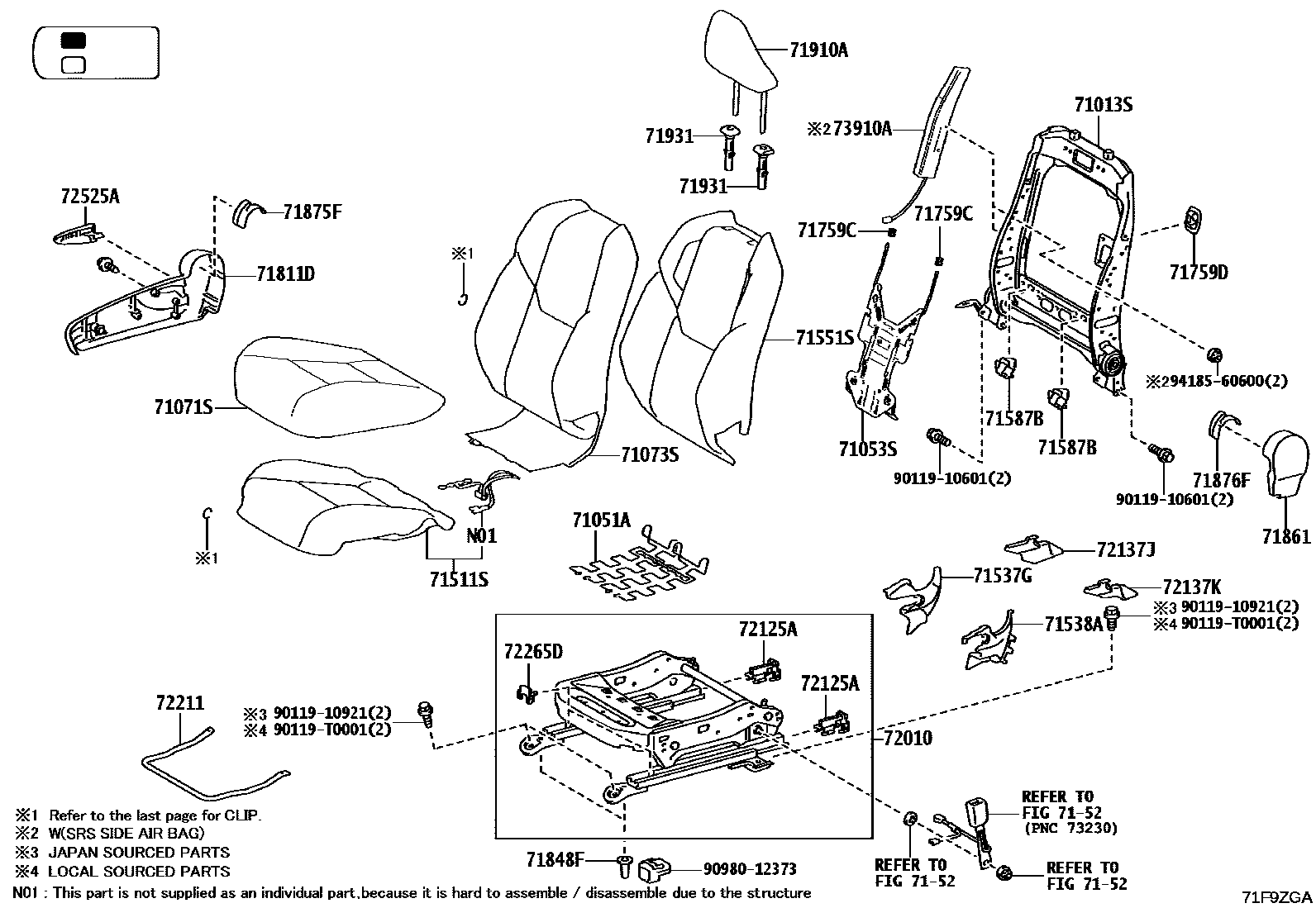 Toyota HILUX 座椅和座椅滑轨 EPC diagram — 71F9ZGA
