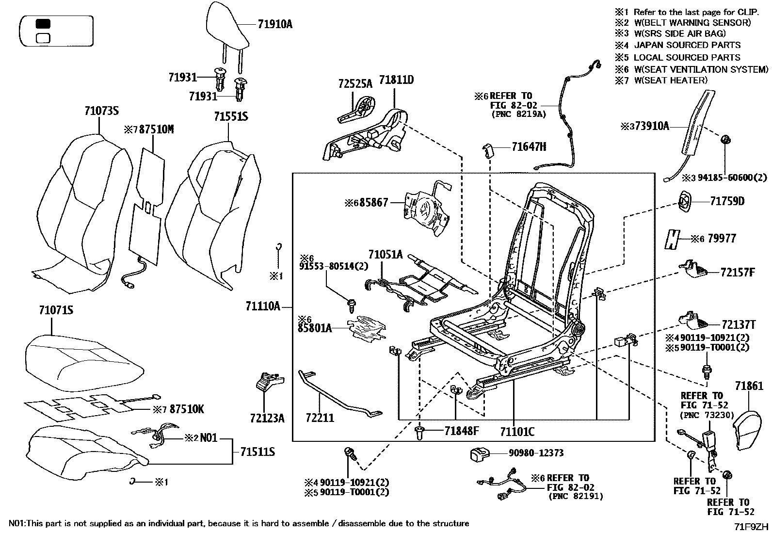 Toyota HILUX 座椅和座椅滑轨 EPC diagram — 71F9ZH