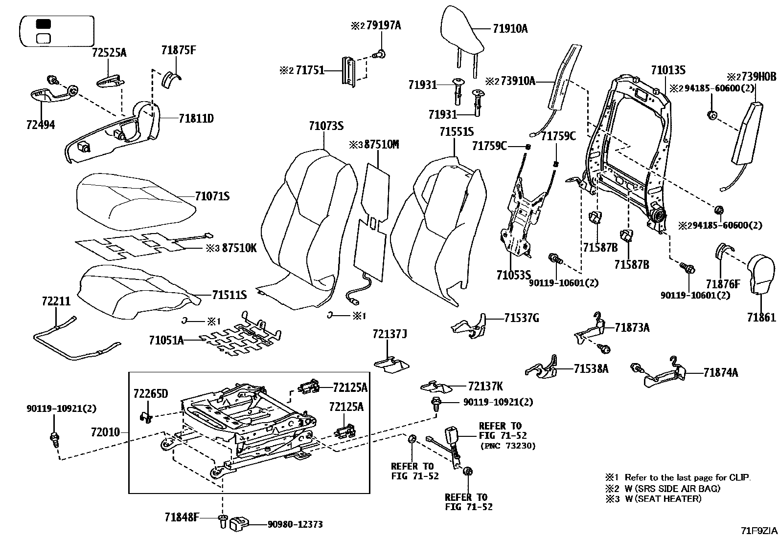 Toyota HILUX 座椅和座椅滑轨 EPC diagram — 71F9ZIA