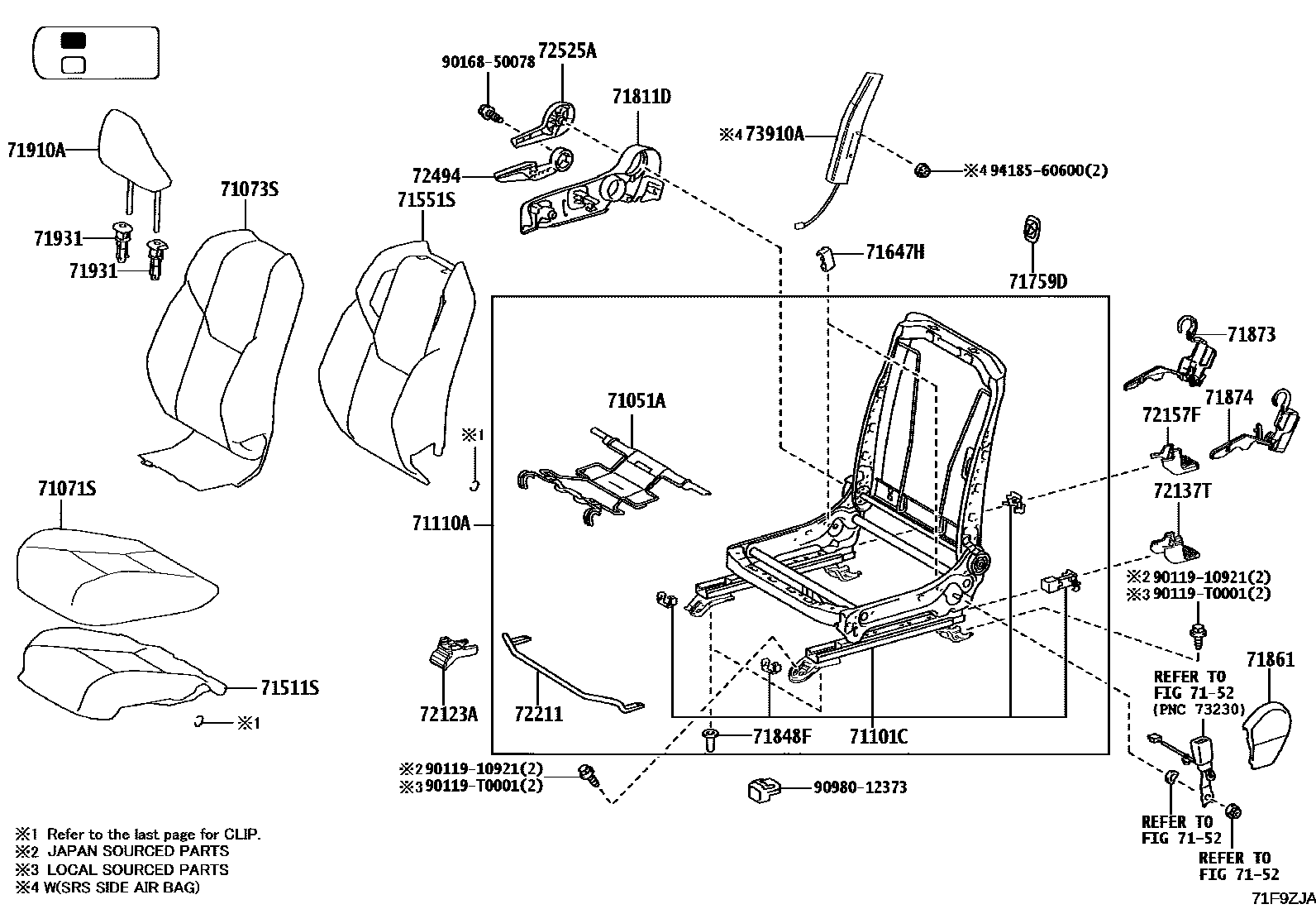 Toyota HILUX 座椅和座椅滑轨 EPC diagram — 71F9ZJA