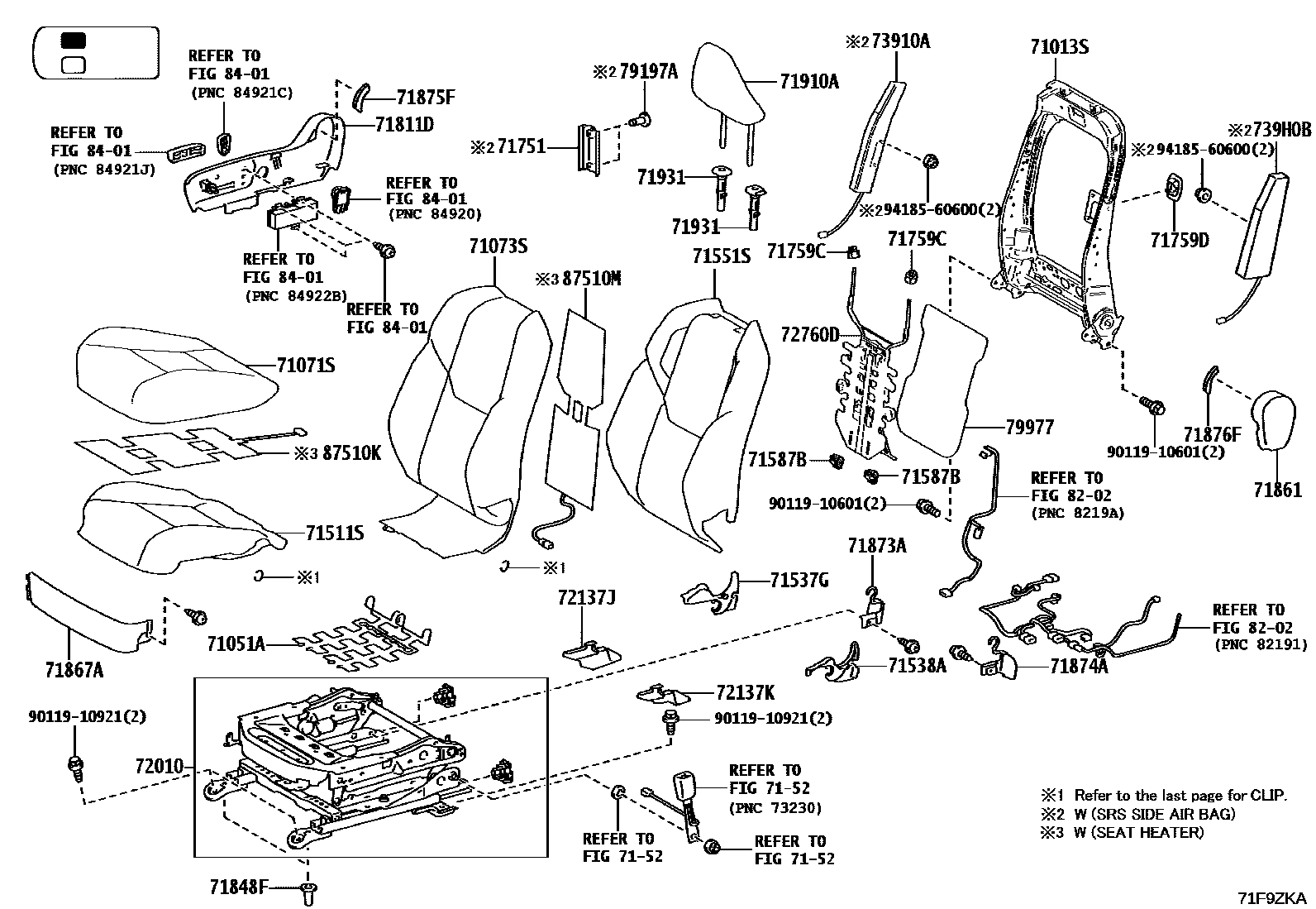 Toyota HILUX 座椅和座椅滑轨 EPC diagram — 71F9ZKA