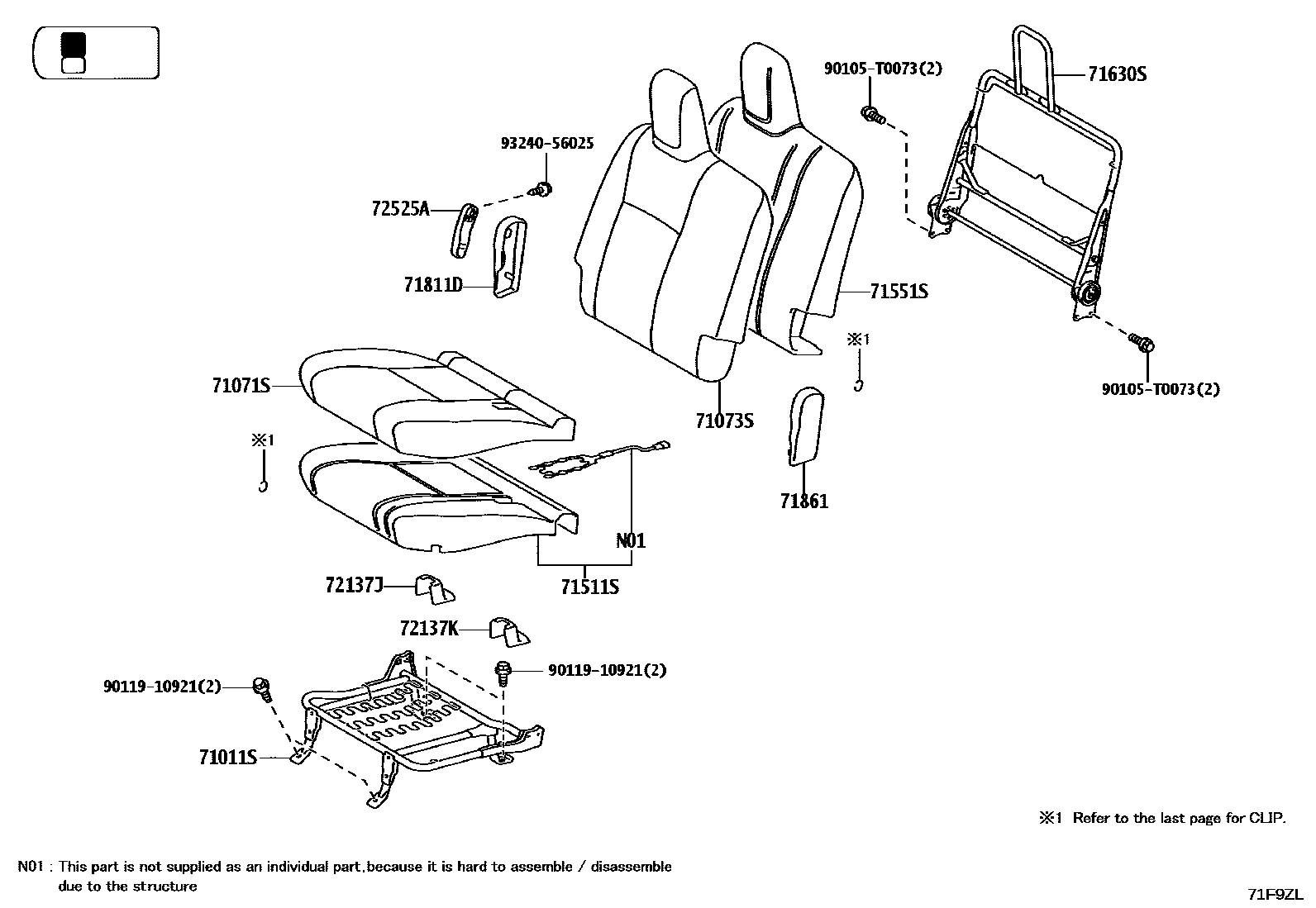 Toyota HILUX 座椅和座椅滑轨 EPC diagram — 71F9ZL