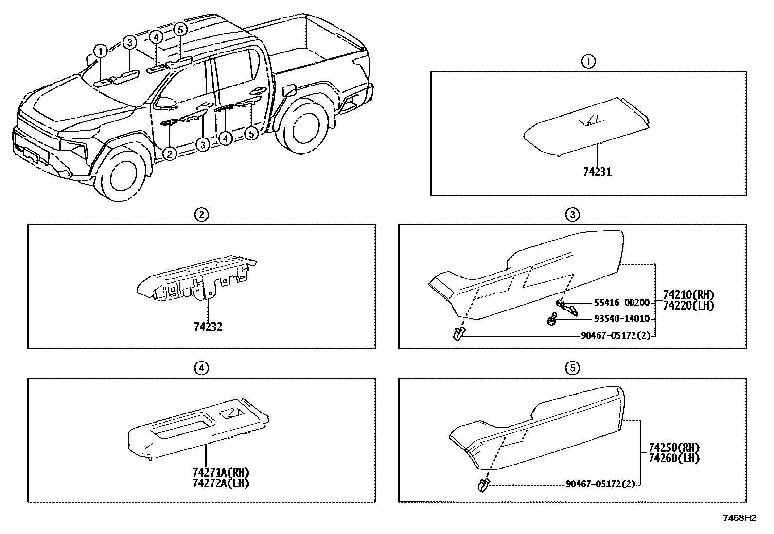 Toyota HILUX 扶手和遮阳板 EPC diagram — 7468H2
