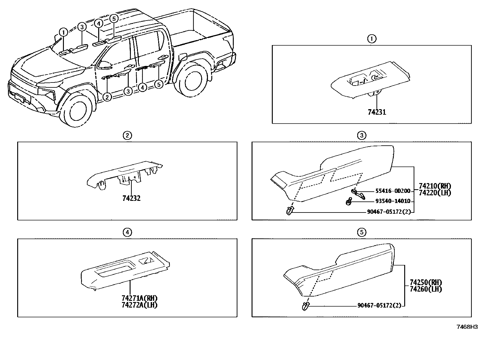 Toyota HILUX 扶手和遮阳板 EPC diagram — 7468H3