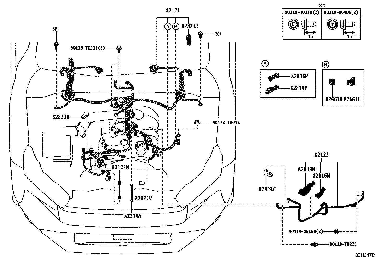 Toyota HILUX 线束和卡夹 EPC diagram — 82H647D