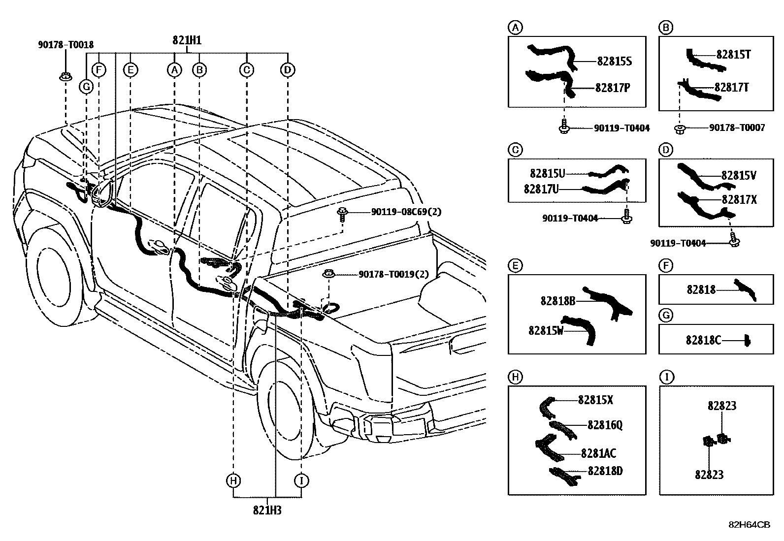 Toyota HILUX 线束和卡夹 EPC diagram — 82H64CB
