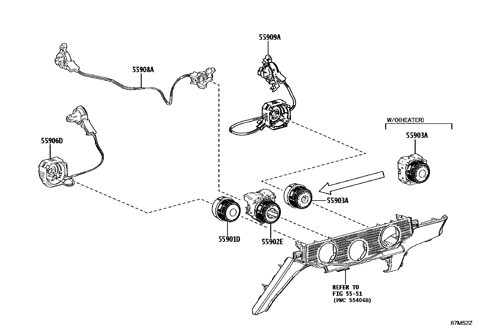 Toyota HILUX 暖风和空调系统 - 控制器和风管 EPC diagram — 87M52Z