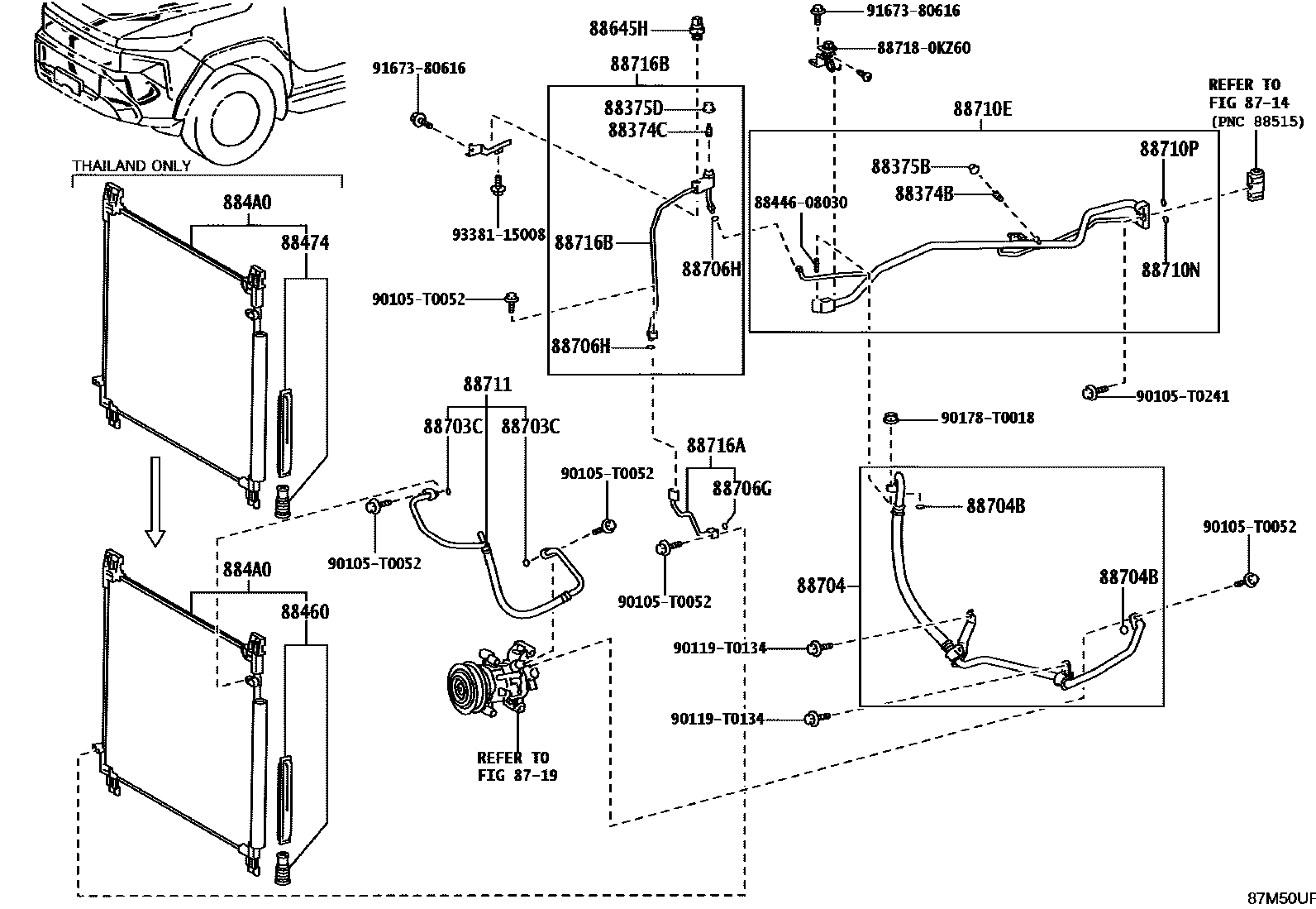Toyota HILUX Heating & Air Conditioning - Cooler Piping EPC diagram — 87M50UF