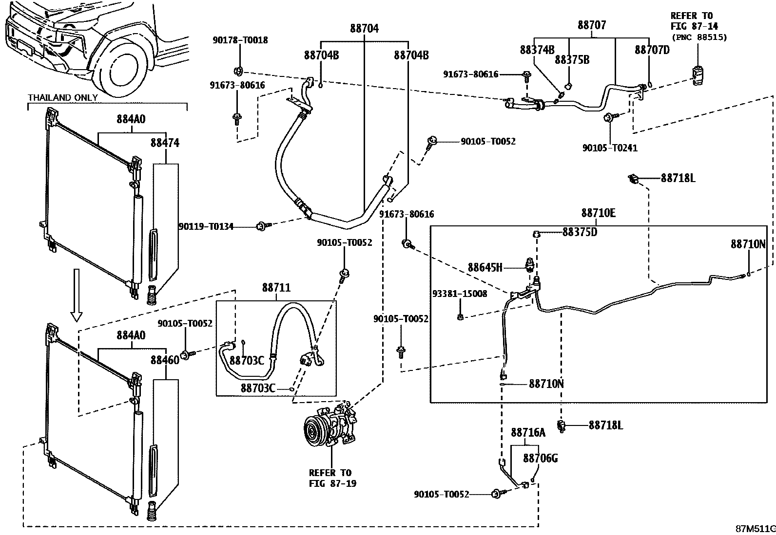 Toyota HILUX Heating & Air Conditioning - Cooler Piping EPC diagram — 87M511G