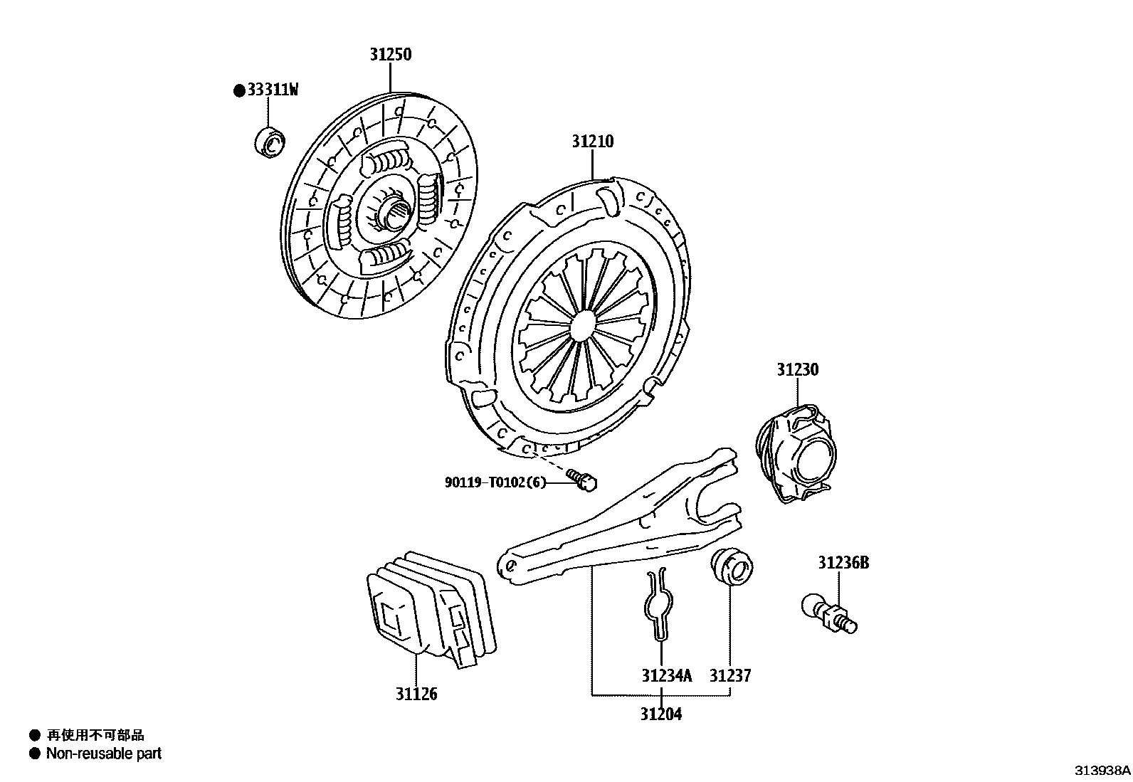 Toyota HILUX 离合器和分离叉 EPC diagram — 313938A