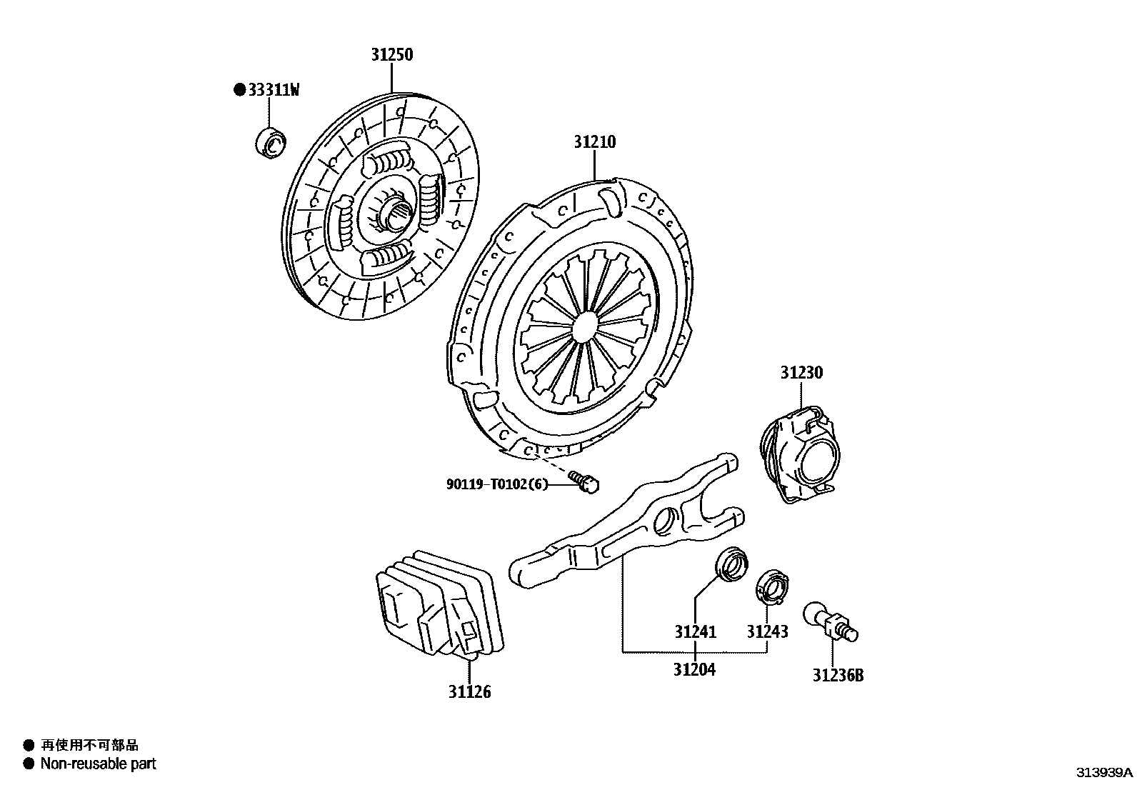 Toyota HILUX 离合器和分离叉 EPC diagram — 313939A