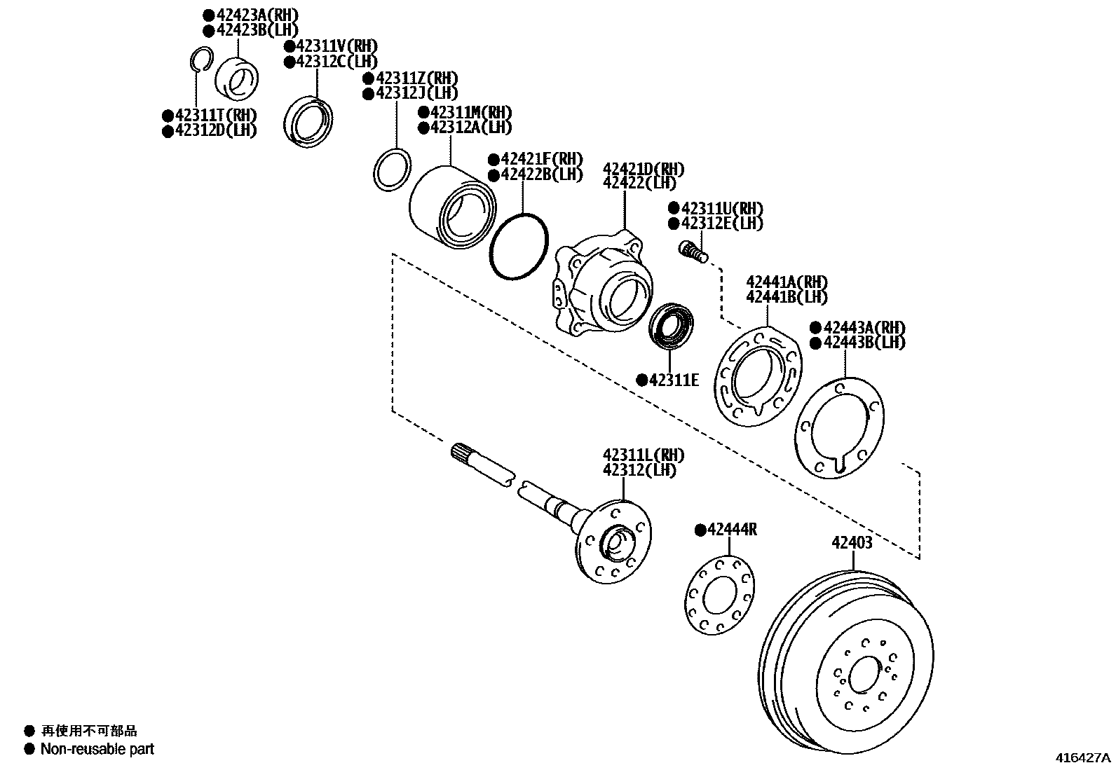 Toyota HILUX 后桥半轴和后桥轮毂 EPC diagram — 416427A
