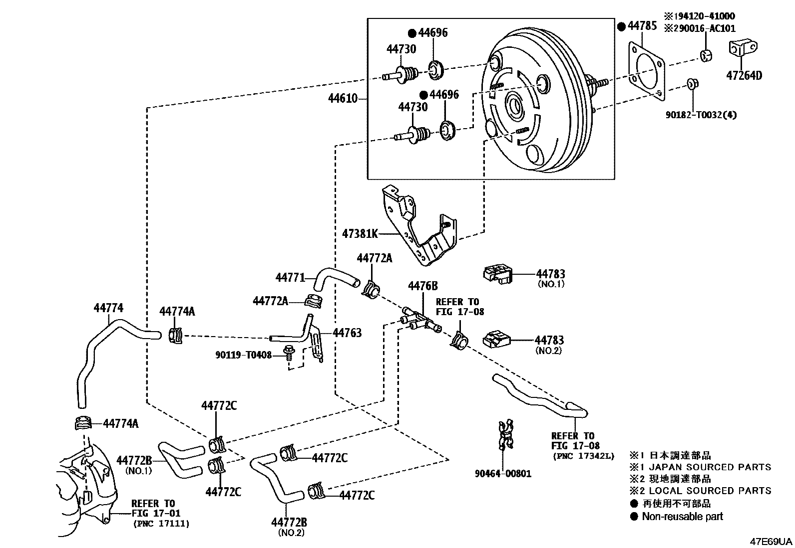 Toyota HILUX 制动助力器和真空管 EPC diagram — 47E69UA