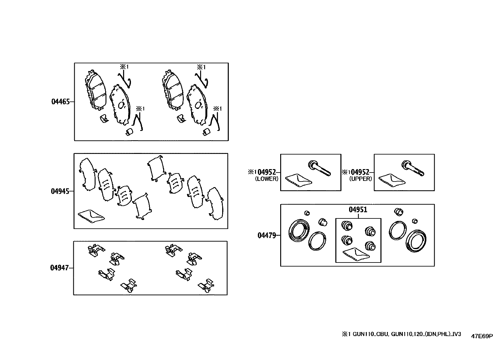 Toyota HILUX 前盘式制动器卡钳和防尘罩 EPC diagram — 47E69P