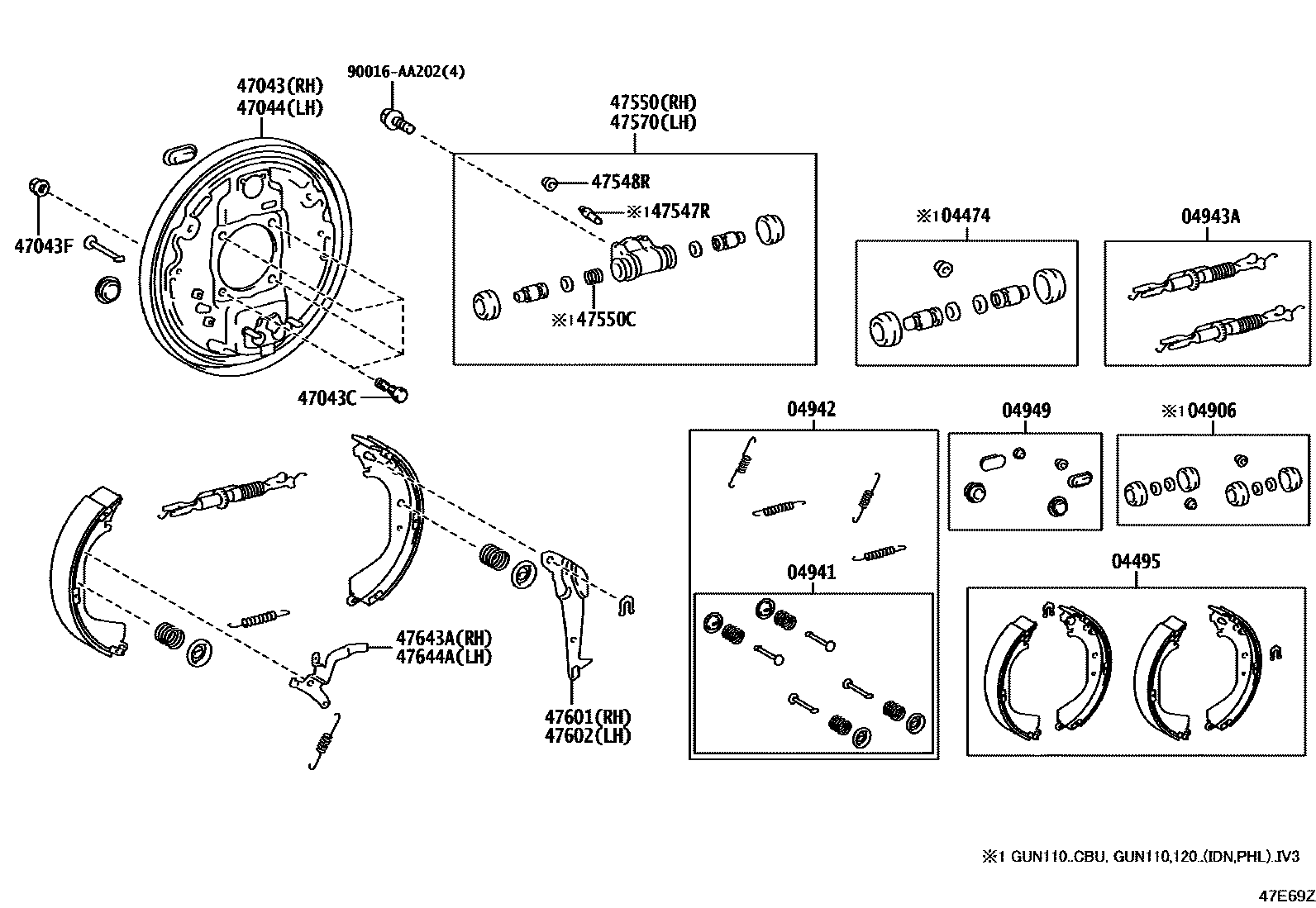 Toyota HILUX 后鼓式制动器分泵和底板 EPC diagram — 47E69Z
