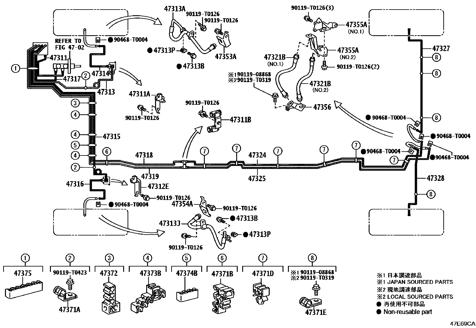Toyota HILUX 制动配管和卡箍 EPC diagram — 47E69CA