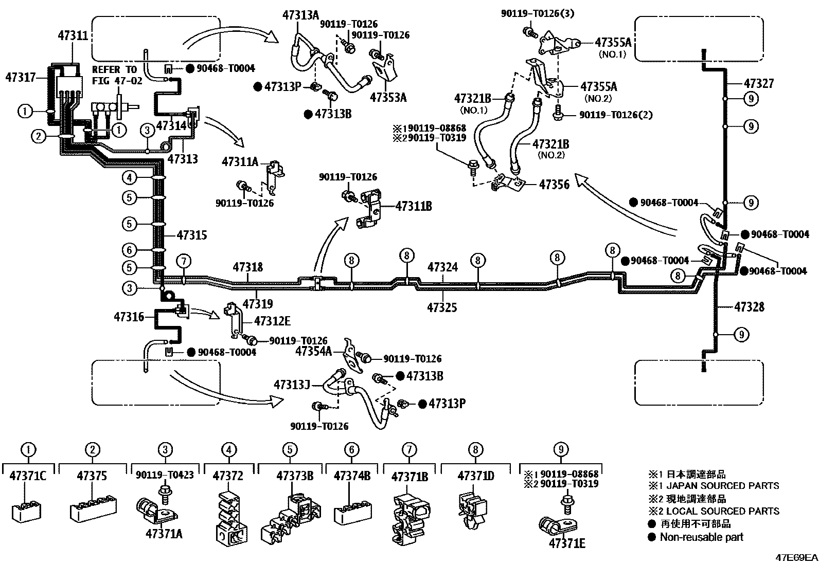 Toyota HILUX 制动配管和卡箍 EPC diagram — 47E69EA
